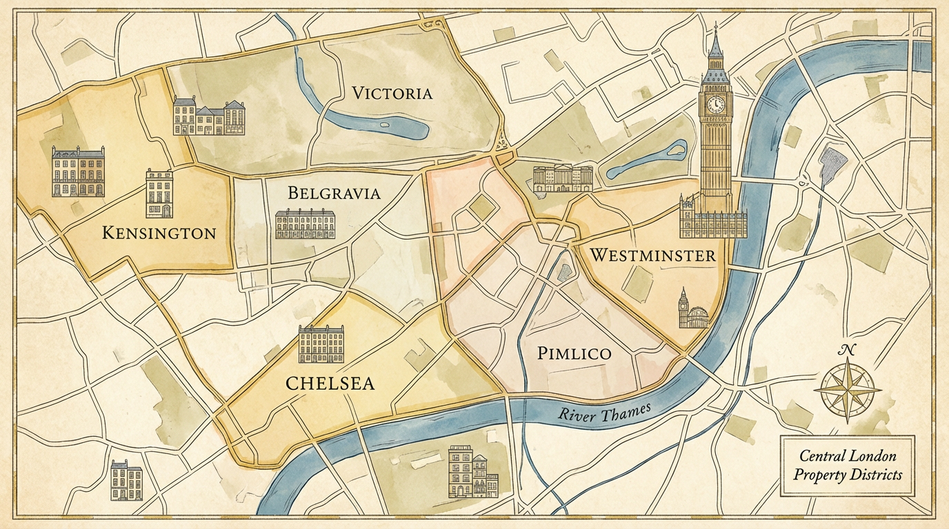 Map highlighting London areas covered by Pimlico Surveyors including Westminster, Chelsea, Belgravia and Kensington