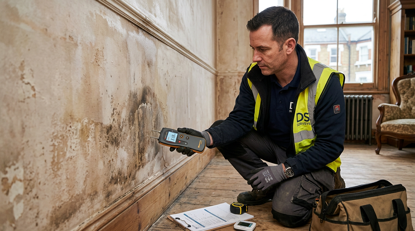 Surveyor testing for damp with moisture meter in a period London property