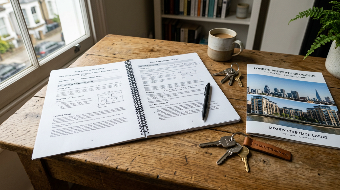 RICS HomeBuyer survey report on a desk next to London property keys