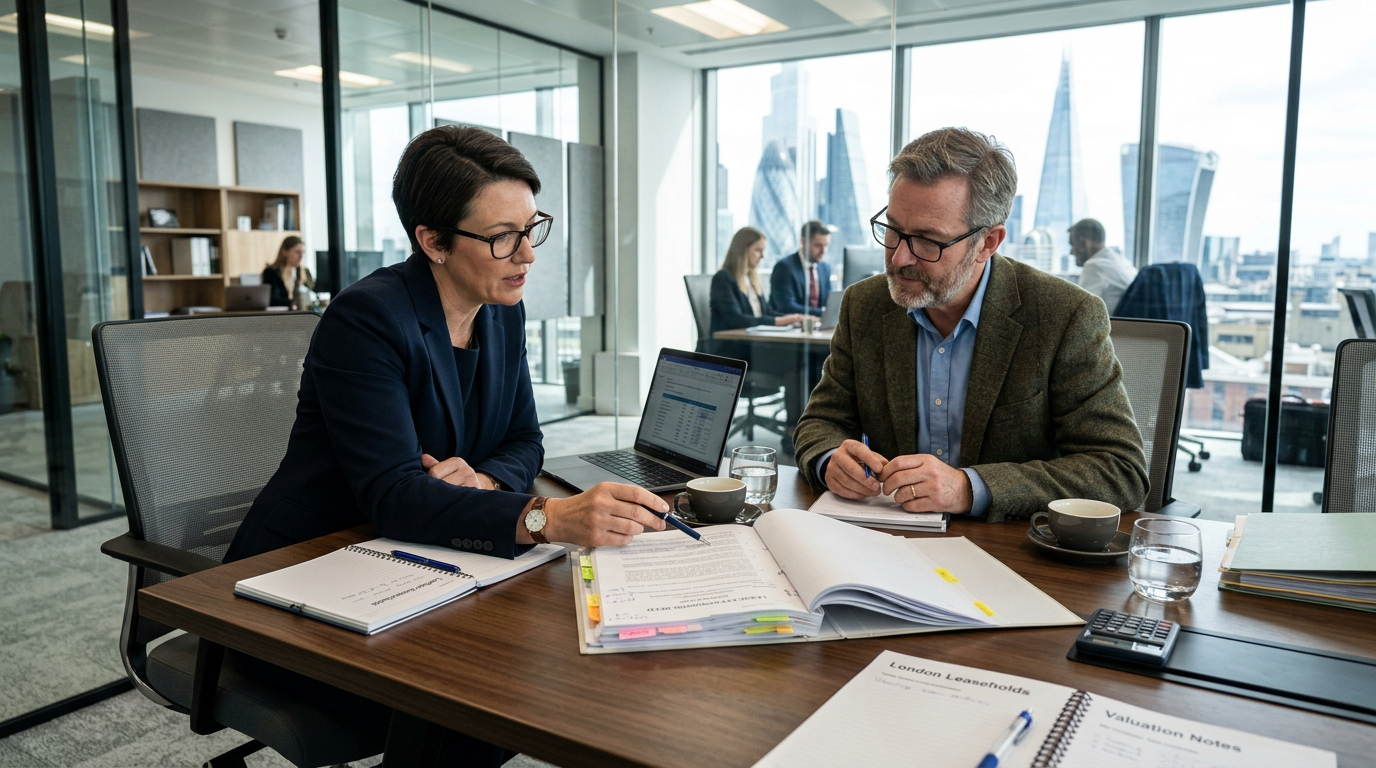 Solicitor and surveyor reviewing leasehold documents in a London office