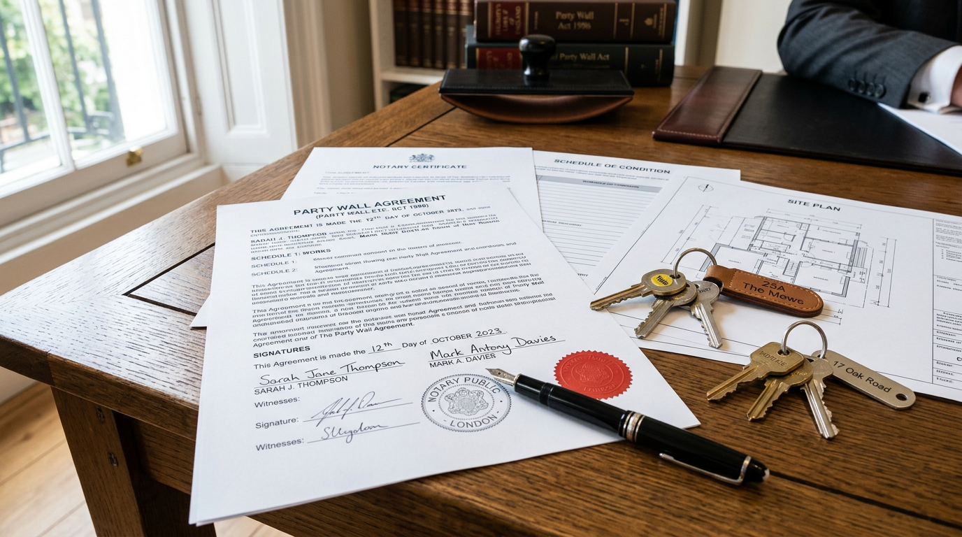 Party wall agreement documents and house keys on a table