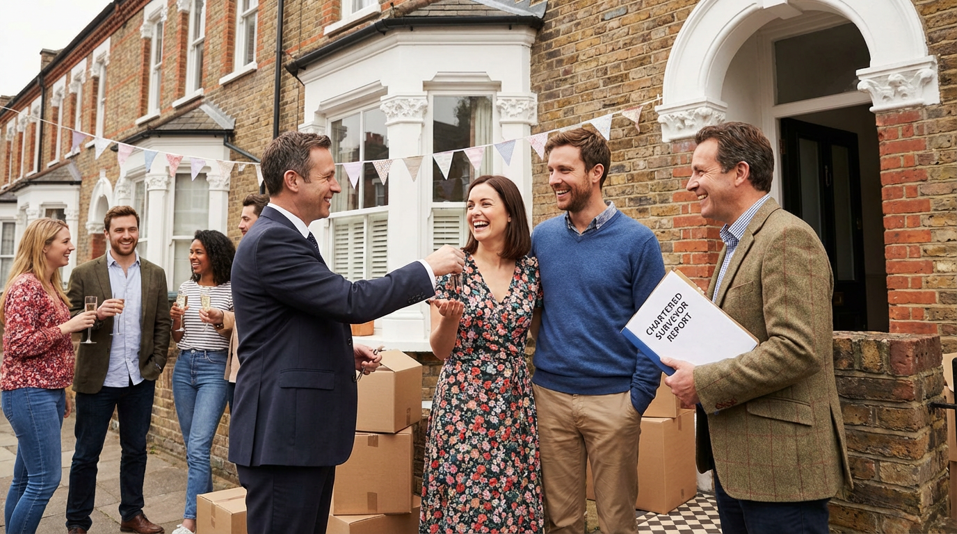 Happy property buyers receiving their survey report and keys from a Pimlico Surveyors surveyor