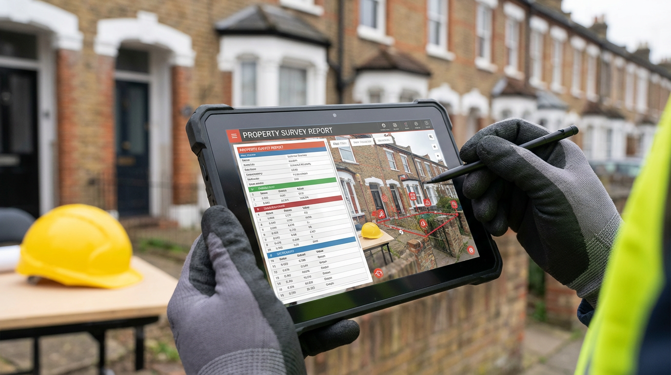 Surveyor using digital tablet to review property survey data at a London residential property