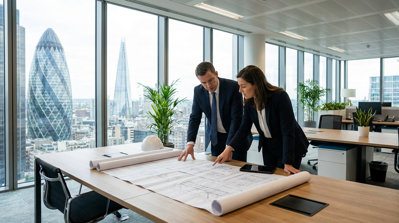 Pimlico Surveyors team reviewing architectural plans in their London office